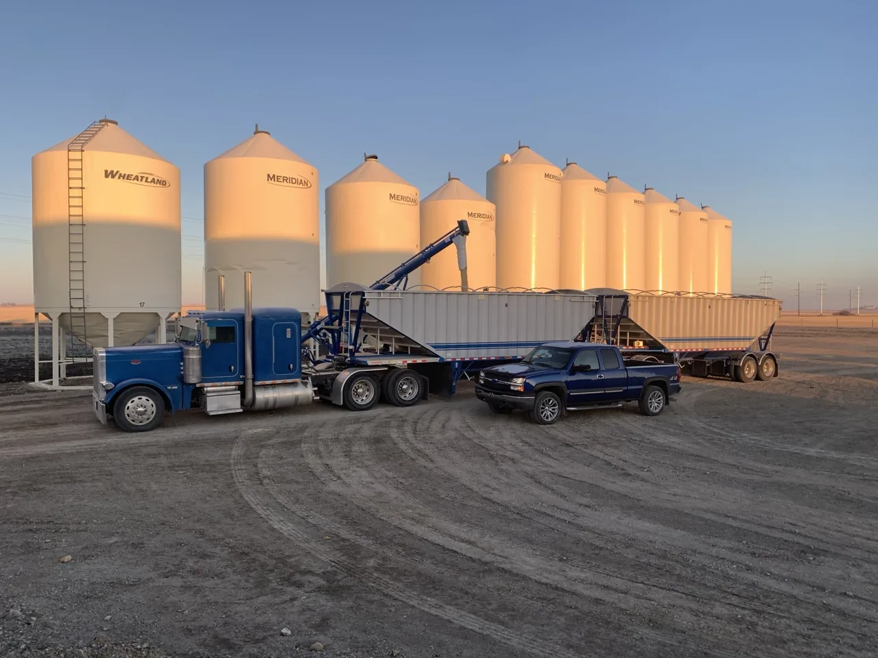 Blue grain truck and trailers beside storage bins in warm evening light